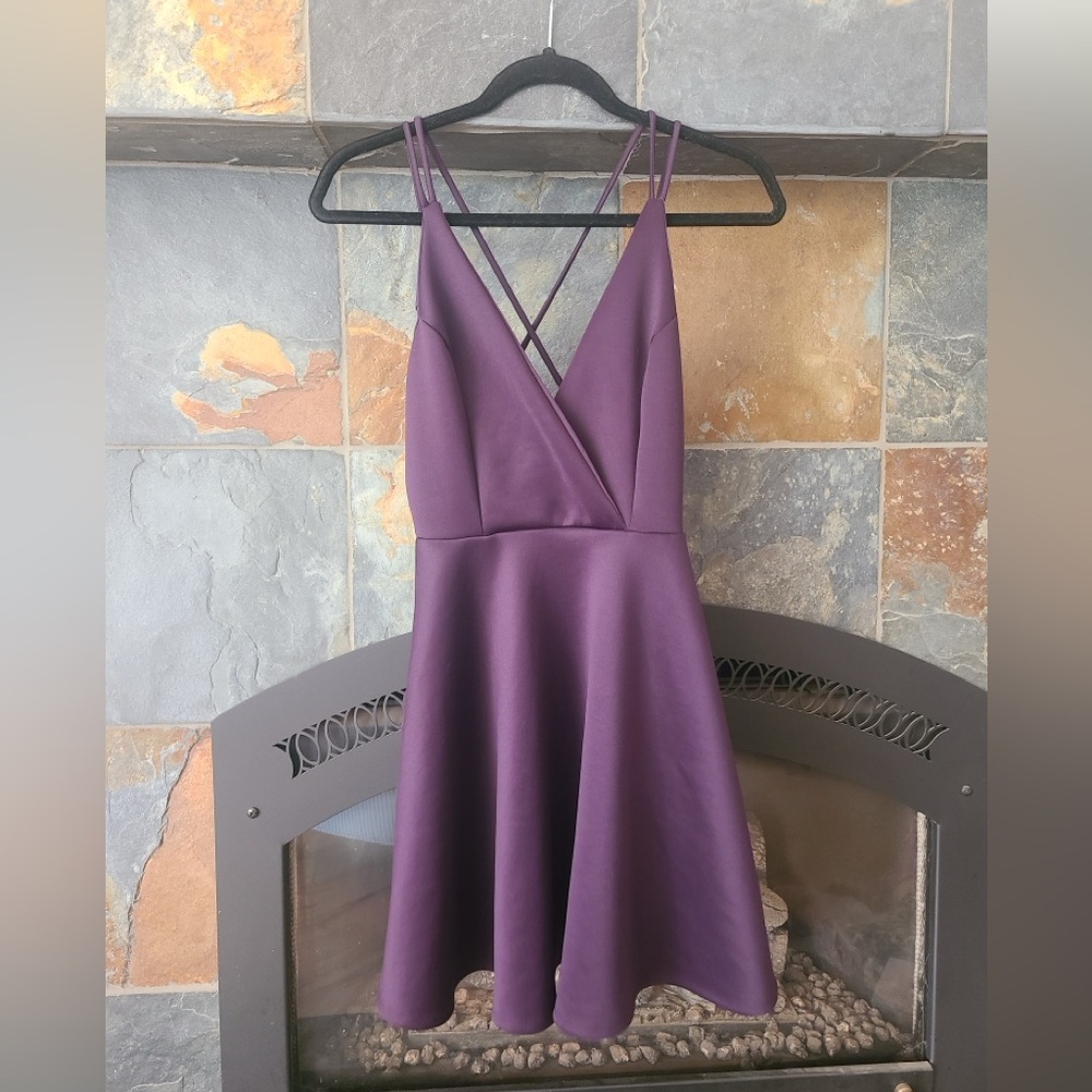 Charlotte Russe Eggplant Purple Strappy Back Deep V Neck Skater Dress size XS